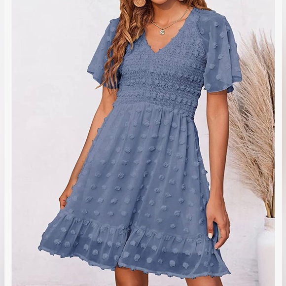 Women's Round Neck Smocked Short Sleeve Casual Dress Swing Flowy Ruffle Hem Mini Beach Summer Dresses